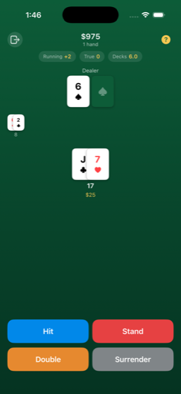 The Edge practice table with play-money chips